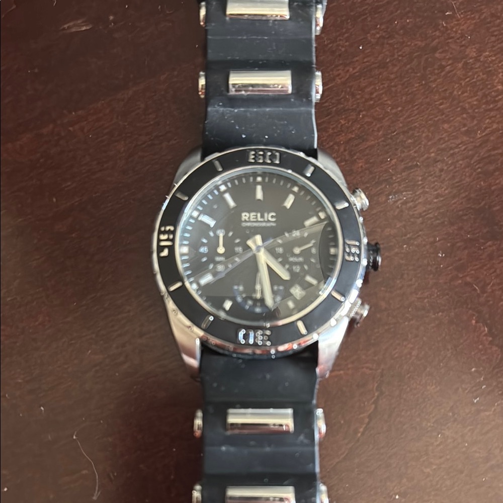 Relic Black Leather Strap Watch
